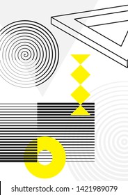 Universal trend poster juxtaposed with bright bold geometric black, white and yellow elements composition. Background in restrained sustained tempered style. Magazine, leaflet, billboard, sale