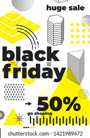 Universal trend poster juxtaposed with bright bold geometric black, white and yellow elements composition. Background in restrained sustained tempered style. Magazine, leaflet, billboard, sale