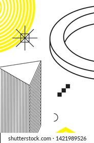 Universal trend poster juxtaposed with bright bold geometric black, white and yellow elements composition. Background in restrained sustained tempered style. Magazine, leaflet, billboard, sale