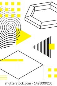 Universal trend poster juxtaposed with bright bold geometric black, white and yellow elements composition. Background in restrained sustained tempered style. Magazine, leaflet, billboard, sale