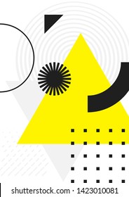 Universal trend poster juxtaposed with bright bold geometric black, white and yellow elements composition. Background in restrained sustained tempered style. Magazine, leaflet, billboard, sale