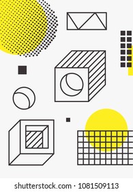 Universal trend poster. Linear geometric shapes set with halftone elements, bright bold yellow decorative composition. Design for Magazine, music festival, leaflet, billboard, sale