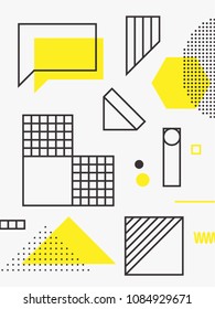 Universal trend poster. Linear geometric shapes set with halftone elements, bright bold yellow decorative composition. Design for Magazine, music festival, leaflet, billboard, sale