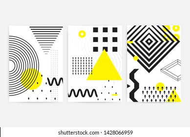 Universal trend posters set juxtaposed with bright bold geometric black, white and yellow elements composition. Background in restrained sustained tempered style. Magazine, leaflet, billboard, sale