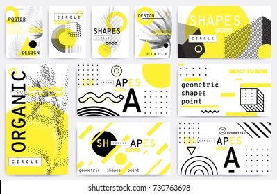 Universal trend posters set juxtaposed with bright bold geometric leaves foliage yellow elements composition. Background in restrained sustained tempered style. Magazine, leaflet, billboard, sale