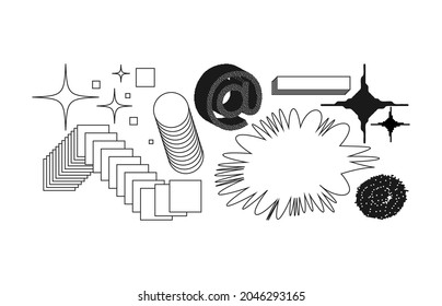 Universal trend textured geometric shapes set juxtaposed with bright bold elements composition. Design objects for Magazine, leaflet, billboard, sale