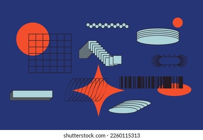 Universal trend textured geometric shapes set juxtaposed with bright bold elements composition. Design objects for Magazine, leaflet, billboard, sale