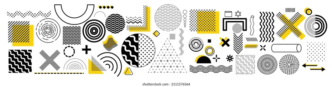 Universal trend Vector memphis set, halftone geometric shapes juxtaposed with bright bold yellow elements composition collection of flat design elements, circles, pluses, arrows, triangles, patterns