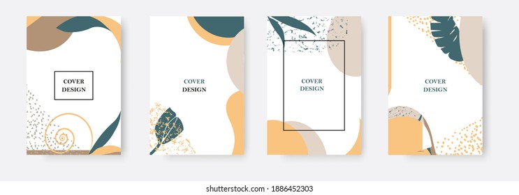 Universal trending set of layouts or templates with geometric elements, plants and textures.Collage of abstract shapes Magazine, flyer, billboard, sale, postcards.