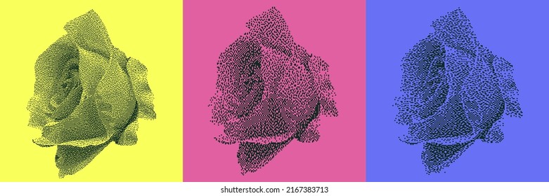 Patrón De Rosas De Flor Geométrica Universal A La Moda Con Textura De Difuminación De Mapa De Bits Vectoriales Juxtapuesta Con Composición Negrita Brillante. Formularios De Diseño Para Revista, Folleto, Cartón, Venta.