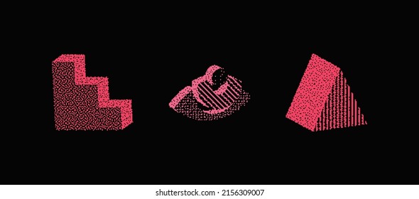 Universal Trendy Geometric Shapes Set With Vector Bitmap Dithering Texture Juxtaposed With Bright Bold Elements Composition. Design Forms For Magazine, Leaflet, Billboard, Sale.