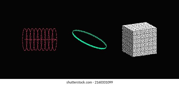 Universal Trendy Geometric Shapes Set With Vector Bitmap Dithering Texture Juxtaposed With Bright Bold Elements Composition. Design Forms For Magazine, Leaflet, Billboard, Sale.