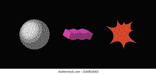 Universal Trendy Geometric Shapes Set With Vector Bitmap Dithering Texture Juxtaposed With Bright Bold Elements Composition. Design Forms For Magazine, Leaflet, Billboard, Sale.