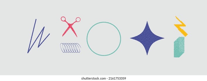 Universal Trendy Geometric Shapes Set With Vector Bitmap Dithering Texture Juxtaposed With Bright Bold Elements Composition. Design Forms For Magazine, Leaflet, Billboard, Sale.