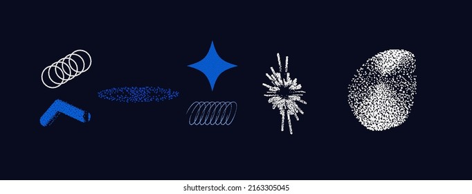 Universal Trendy Geometric Shapes Set With Vector Bitmap Dithering Texture Juxtaposed With Bright Bold Elements Composition. Design Forms For Magazine, Leaflet, Billboard, Sale.