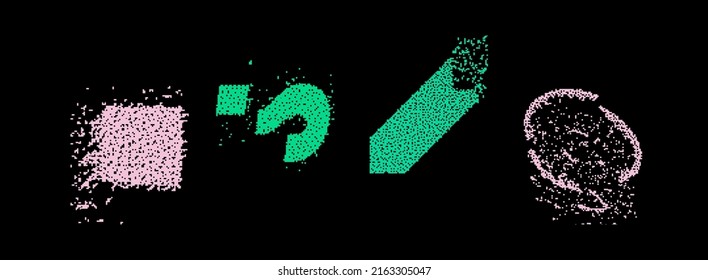 Universal Trendy Geometric Shapes Set With Vector Bitmap Dithering Texture Juxtaposed With Bright Bold Elements Composition. Design Forms For Magazine, Leaflet, Billboard, Sale.