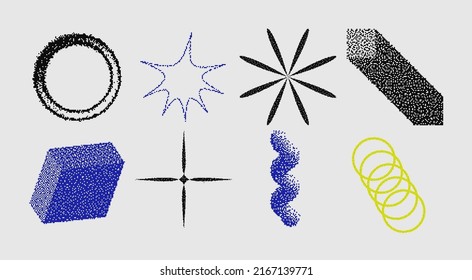 Universal Trendy Geometric Shapes Set With Vector Bitmap Dithering Texture Juxtaposed With Bright Bold Elements Composition. Design Forms For Magazine, Leaflet, Billboard, Sale.