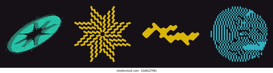 Universal Trendy Geometric Shapes Set With Vector Bitmap Dithering Texture Juxtaposed With Bright Bold Elements Composition. Design Forms For Magazine, Leaflet, Billboard, Sale.