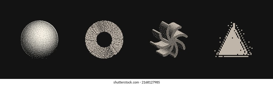 Universal Trendy Geometric Shapes Set With Vector Bitmap Dithering Texture Juxtaposed With Bright Bold Elements Composition. Design Forms For Magazine, Leaflet, Billboard, Sale.