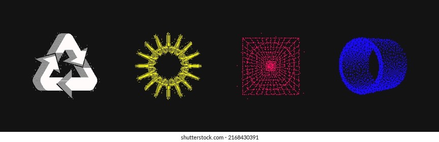 Universal Trendy Geometric Shapes Set With Vector Bitmap Dithering Texture Juxtaposed With Bright Bold Elements Composition. Design Forms For Magazine, Leaflet, Billboard, Sale.