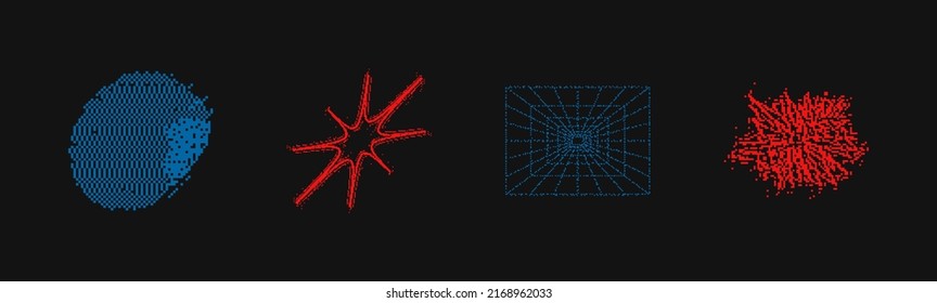 Universal Trendy Geometric Shapes Set With Vector Bitmap Dithering Texture Juxtaposed With Bright Bold Elements Composition. Design Forms For Magazine, Leaflet, Billboard, Sale.