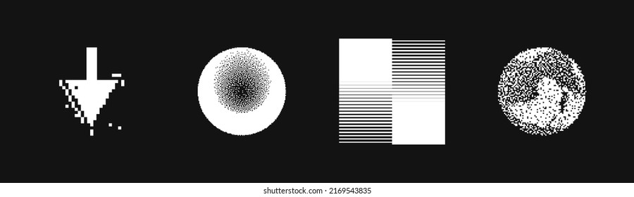 Universal Trendy Geometric Shapes Set With Vector Bitmap Dithering Texture Juxtaposed With Bright Bold Elements Composition. Design Forms For Magazine, Leaflet, Billboard, Sale.
