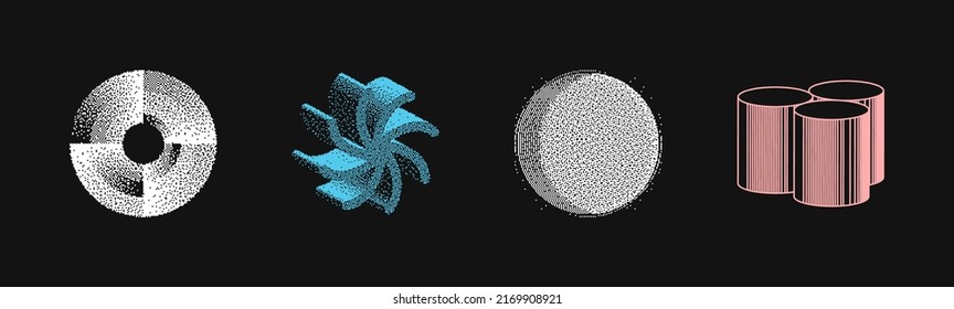 Universal Trendy Geometric Shapes Set With Vector Bitmap Dithering Texture Juxtaposed With Bright Bold Elements Composition. Design Forms For Magazine, Leaflet, Billboard, Sale.