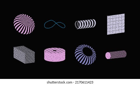 Universal Trendy Geometric Shapes Set With Vector Bitmap Dithering Texture Juxtaposed With Bright Bold Elements Composition. Design Forms For Magazine, Leaflet, Billboard, Sale.