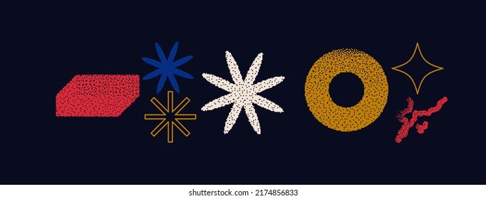 Universal Trendy Geometric Shapes Set With Vector Bitmap Dithering Texture Juxtaposed With Bright Bold Elements Composition. Design Forms For Magazine, Leaflet, Billboard, Sale.