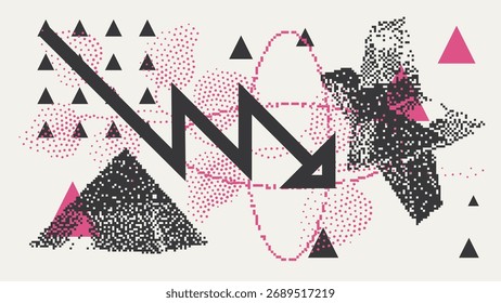 Universal Trendy Geometric Shapes Set With Vector Bitmap Dithering Texture Juxtaposed With Bright Bold Elements Composition. Design Forms For Magazine, Leaflet, Billboard, Sale.