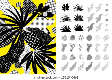 Universal trendy graphic elements set juxtaposed with bright bold floral composition. Design shapes for Magazine, leaflet, billboard, sale