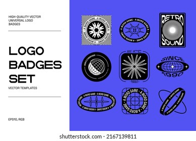 Universal Trendy Simple Geometric Badge Template Set with Shapes, Text, Bright Bold Elements Composition. Design forms for Poster, Logo Design, Badges.