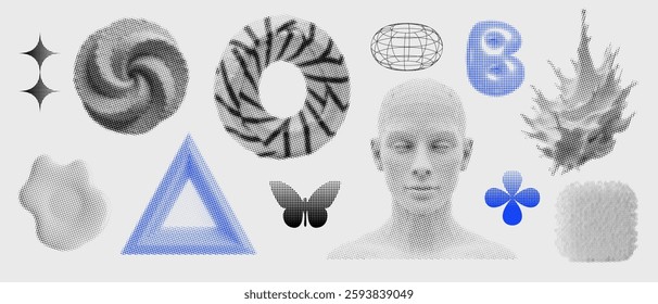 Universal trendy textured geometric bright bold shapes set. 3d brutalism vector elements