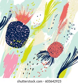 Universal tropical background. Hand Drawn textures. Crazy pineapple concept vector illustration. Creative floral pattern design.