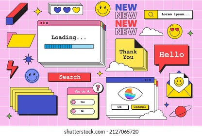 Universal UI Kit for designing responsive websites, mobile apps and user interface. Retro message windows. Pc vintage hipster mail cloud, 1990s technology messages interface elements. Vector