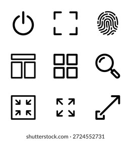 Universeller UI-Zeilen-Symbolsatz. Betriebsschalter, Vollbild, Fingerabdruck, Layout, Suche und Größe der Symbole für Web- und mobile Apps