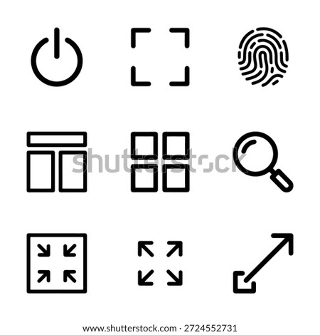 Universal UI line icon set. Power button, full screen, fingerprint, layout, search, and resize symbols for web and mobile apps