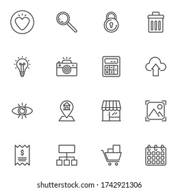 Universal UI line icons set, outline vector symbol collection, linear style pictogram pack. Signs logo illustration. Set includes icons - favorite heart, search, lock, trash bin, data storage, gallery
