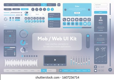 Universal user interface template with responsive design, tools and buttons. Vector UI UX kit for mobile applications and web sites. Flat menu icons and control elements on color blue background.