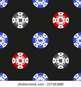 Universal vector casino chips with playing cards icons seamless patterns tiling. 