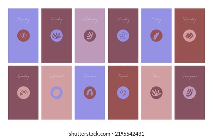 Universal vector cover set for design and printing. Cute boho style covers with days of the week and minimalist illustrations. Cover for web, business, fashion, beauty, etc.