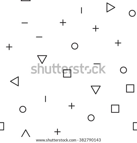 Universal vector fashion geometric seamless pattern. Flat repeated trendy math design elements in black, white,  memphis style. For package, wallpaper, textile