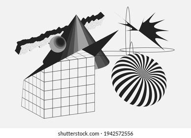 Universal vector geometric shapes composition with nice texture. Black and white bold Design objects, elements for Magazine, leaflet, sale poster concepts, brochure, branding and more.