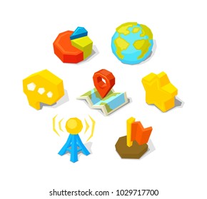Universal vector icons isolated on white background, pictogram in flat isometric cartoon and low poly style