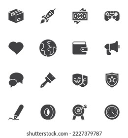 Universal vector icons set, modern solid symbol collection, filled style pictogram pack. Signs, logo illustration. Set includes basic icons as money wallet, earth globe, speech bubble, clock time, pen