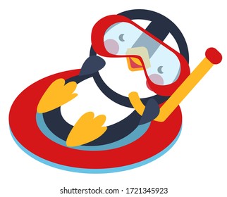 A universal vector illustration depicting a penguin resting on an inflatable ring, which can be used for both summer and winter themes, as well as to demonstrate global warming