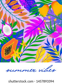 Universal vector illustration with tropical leaves,exotic fruits and flowers.Multicolor plants with hand drawn texture.Artistic background perfect for prints,flyers,banners,invitations,social media.
