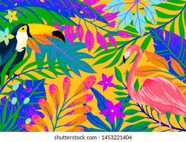 Universal vector illustration with tropical leaves,flamingo and toucan.Multicolor plants with hand drawn texture.Artistic background perfect for web,prints,flyers,banners,invitations,social media.