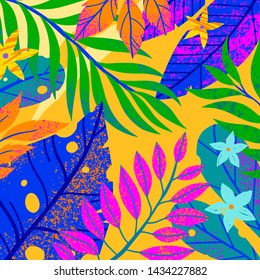 Universal vector illustration with tropical leaves,flowers and elements.Multicolor plants with hand drawn texture.Artistic background perfect for web,prints,flyers,banners,invitations,social media.