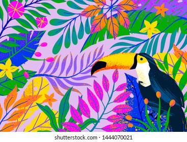 Universal vector illustration with tropical leaves,flowers and toucan.Multicolor plants with hand drawn texture.Artistic background perfect for web,prints,flyers,banners,invitations,social media.